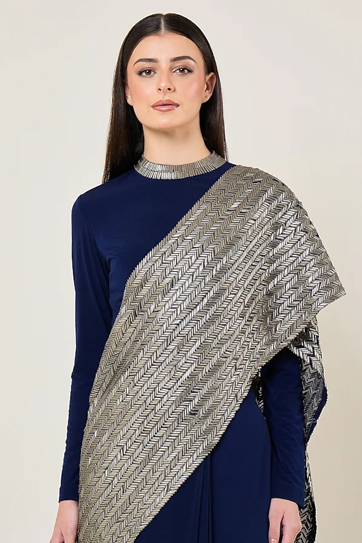 Navy Jersey Embellished Reception Saree Set by Namrata Joshipura at Pernia's Pop Up Shop