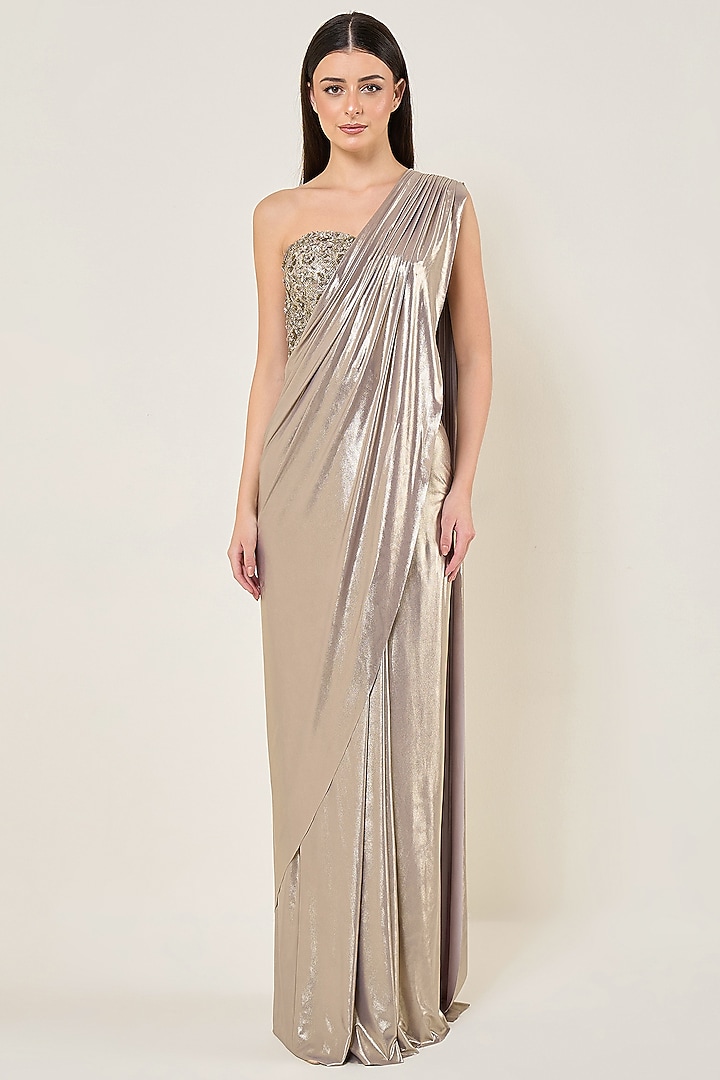 Champagne Grey Mesh Sequin Draped Wedding Saree Set by Namrata Joshipura at Pernia's Pop Up Shop