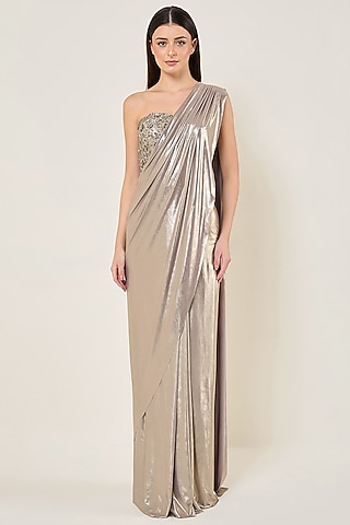 Champagne Grey Mesh Sequin Draped Saree Set by Namrata Joshipura