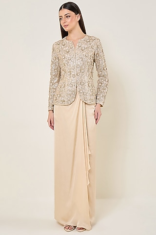Seashell Mesh Sequin Draped Skirt Set by Namrata Joshipura