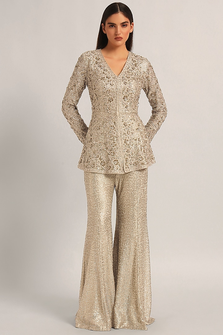 Champagne Grey Sequin Mesh Bridal Sharara Set by Namrata Joshipura at Pernia's Pop Up Shop