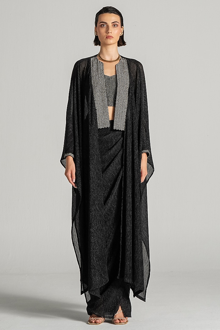 Black Shimmer Chiffon Draped Skirt Set by Namrata Joshipura at Pernia's Pop Up Shop