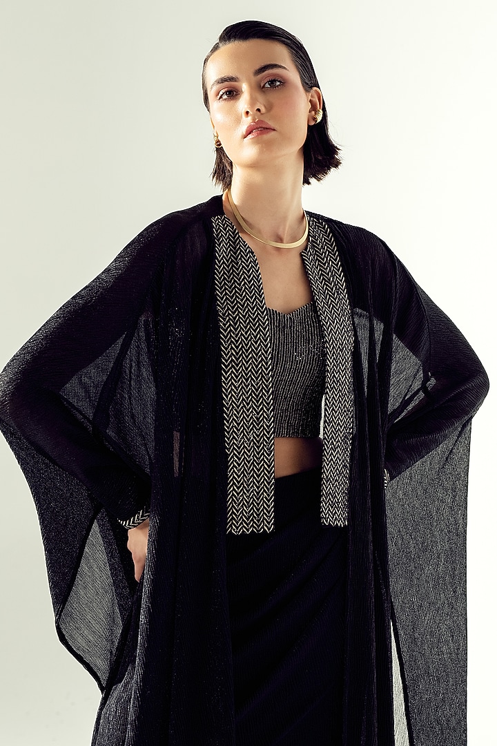 Black Shimmer Chiffon Draped Skirt Set by Namrata Joshipura at Pernia's Pop Up Shop