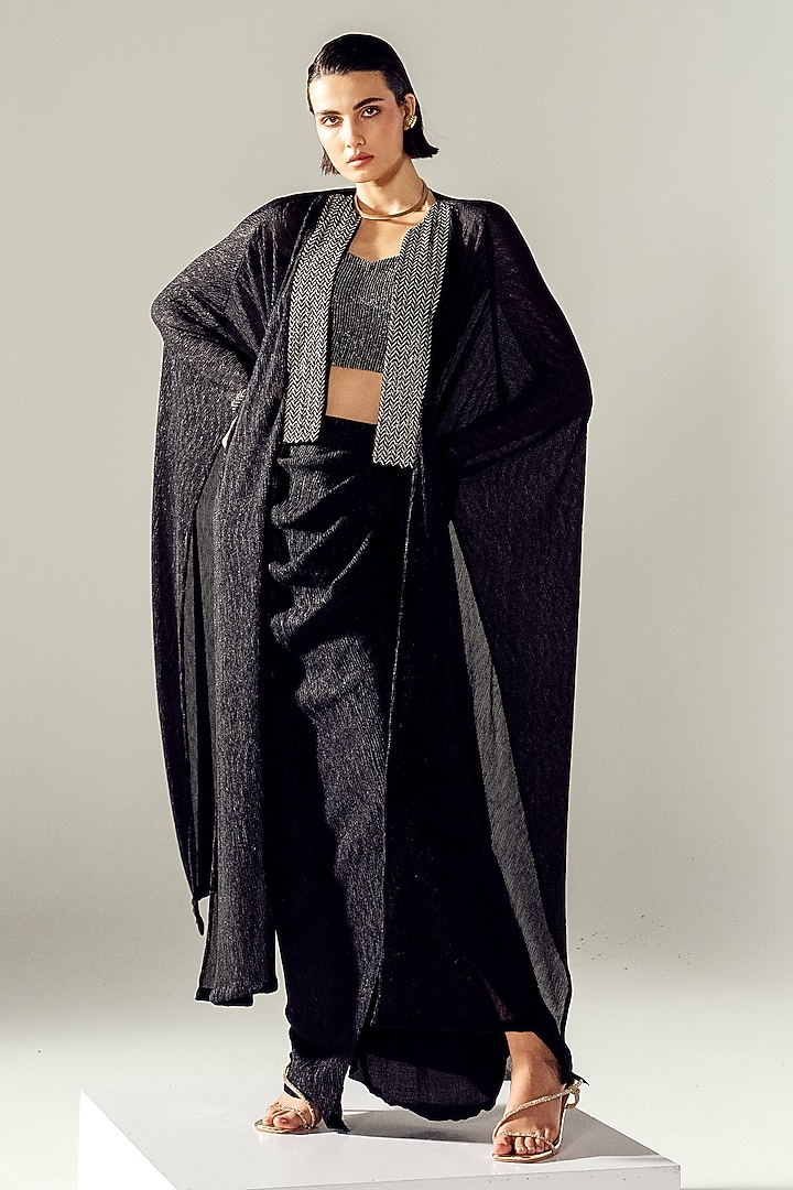 Black Shimmer Chiffon Draped Skirt Set by Namrata Joshipura at Pernia's Pop Up Shop