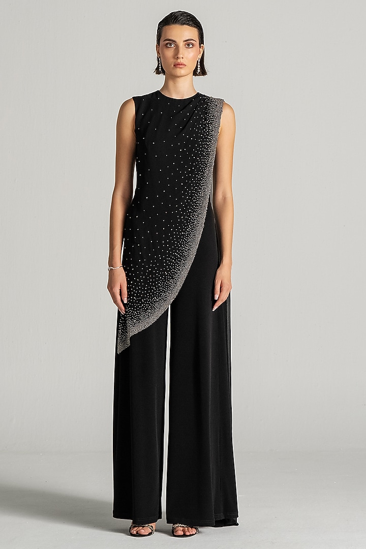 Black Jersey Pearl Embroidered Draped Jumpsuit by Namrata Joshipura at Pernia's Pop Up Shop