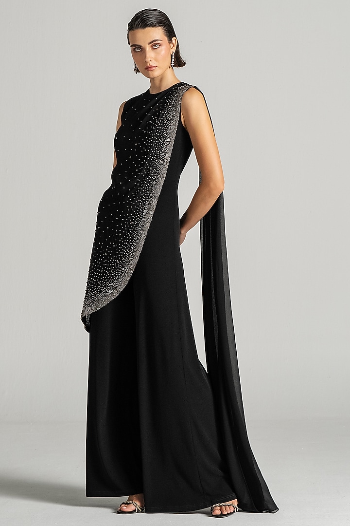 Black Jersey Pearl Embroidered Draped Jumpsuit by Namrata Joshipura at Pernia's Pop Up Shop
