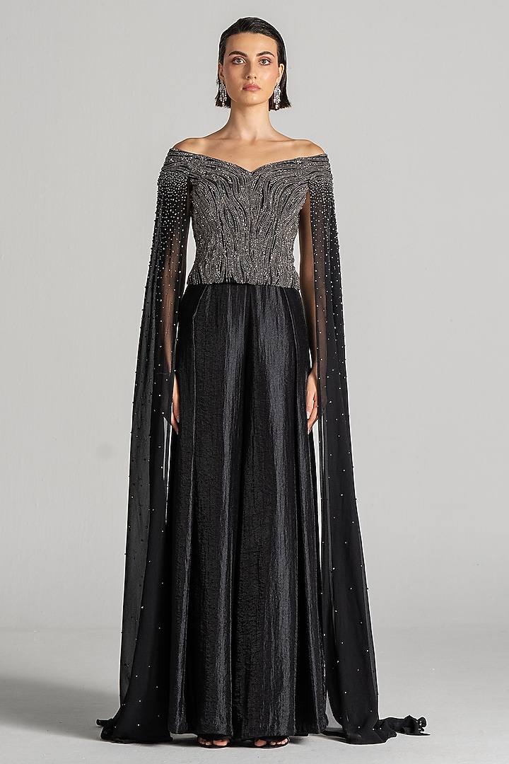 Midnight Blue Dupion Silk Embroidered Off-Shoulder Jumpsuit by Namrata Joshipura at Pernia's Pop Up Shop