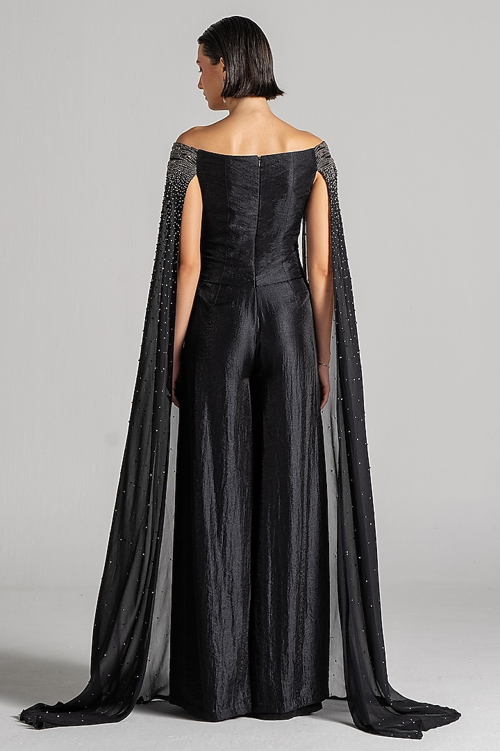 Midnight Blue Dupion Silk Embroidered Off-Shoulder Jumpsuit by Namrata Joshipura at Pernia's Pop Up Shop