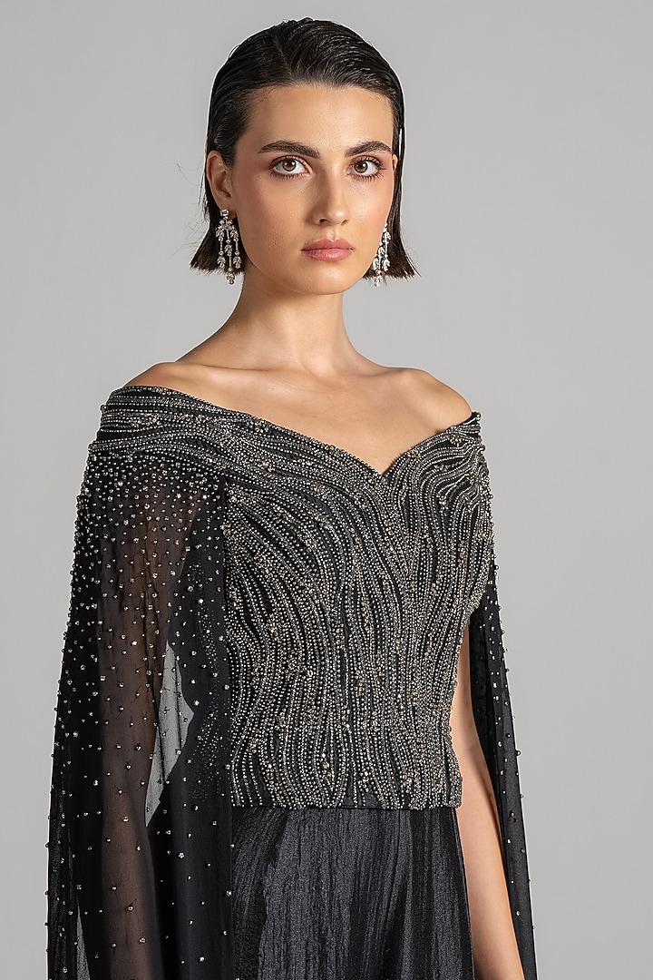 Midnight Blue Dupion Silk Embroidered Off-Shoulder Jumpsuit by Namrata Joshipura at Pernia's Pop Up Shop