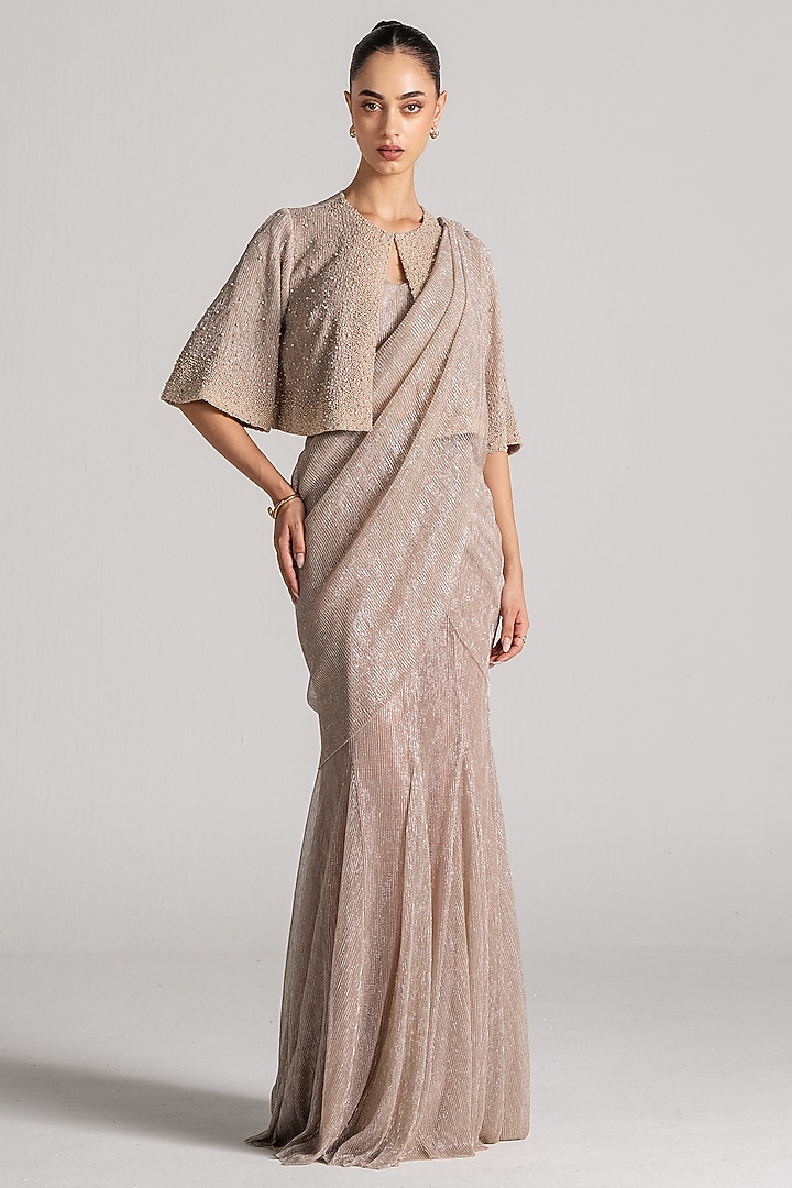 Champagne Shimmer Mermaid Draped Jacket Reception Saree Set by Namrata Joshipura at Pernia's Pop Up Shop