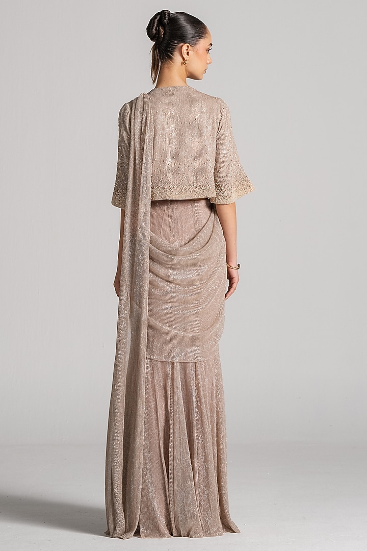 Champagne Shimmer Mermaid Draped Jacket Reception Saree Set by Namrata Joshipura at Pernia's Pop Up Shop
