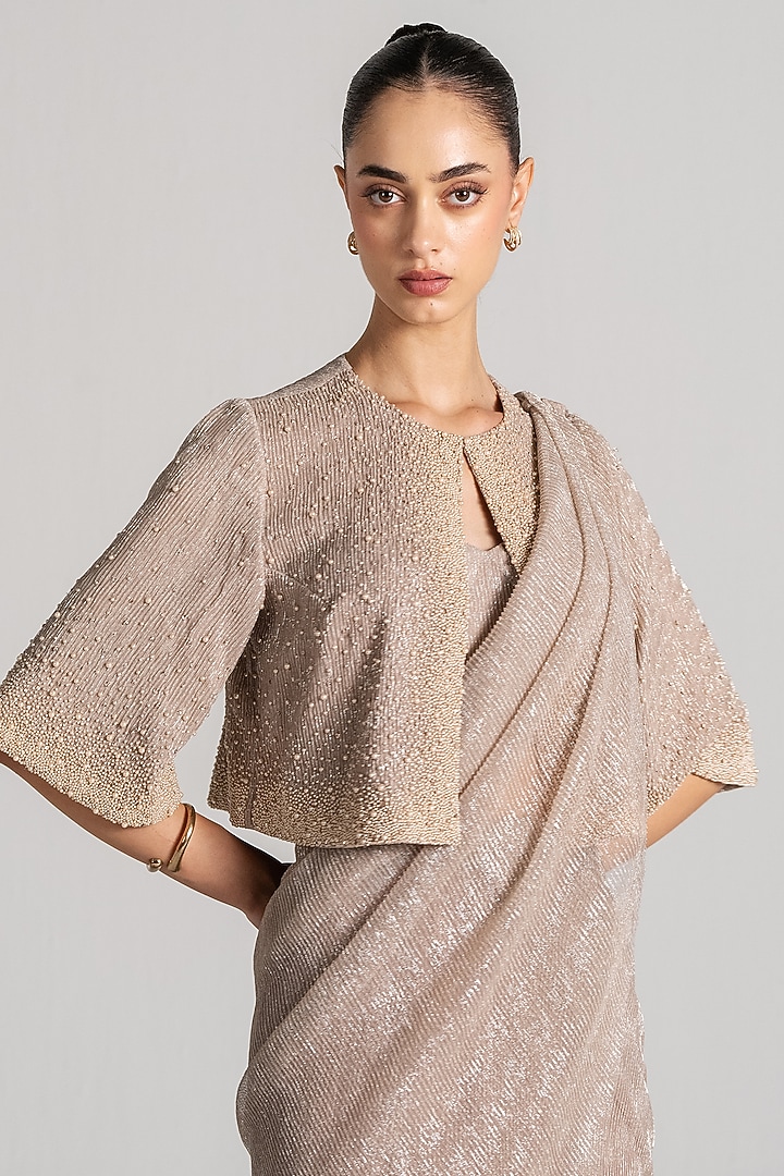 Champagne Shimmer Mermaid Draped Jacket Reception Saree Set by Namrata Joshipura at Pernia's Pop Up Shop