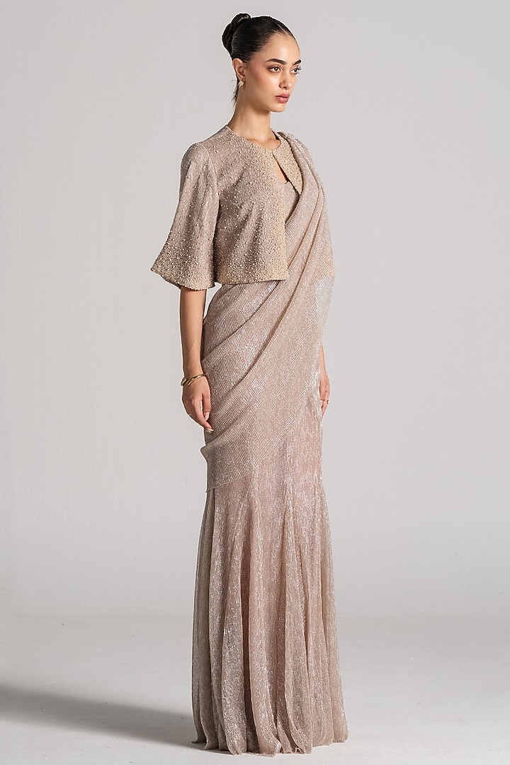 Champagne Shimmer Mermaid Draped Jacket Reception Saree Set by Namrata Joshipura at Pernia's Pop Up Shop