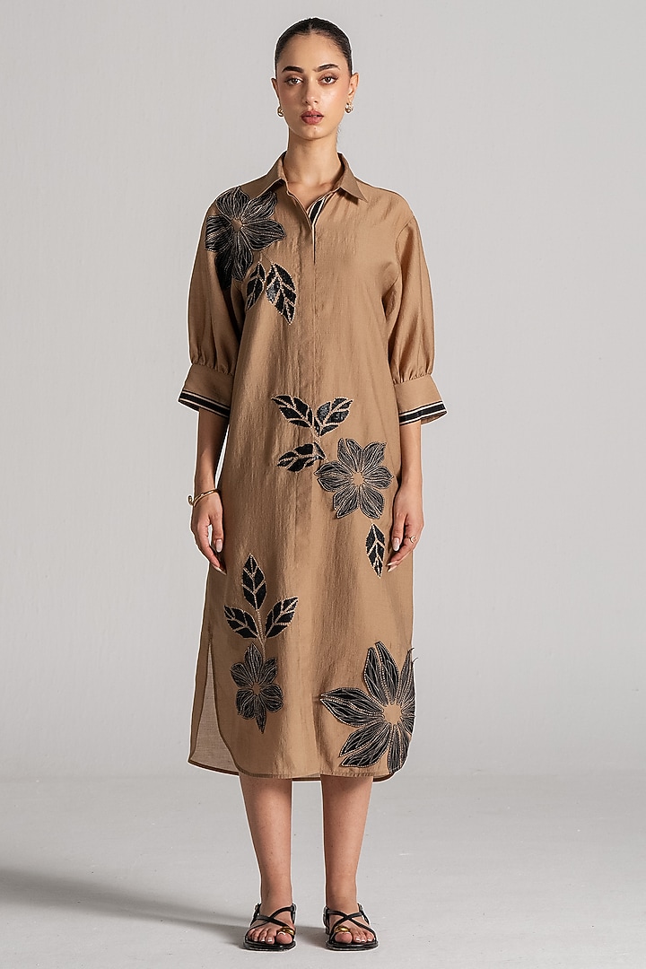 Biscuit-Colored Chanderi Printed Midi Cocktail Dress by Namrata Joshipura at Pernia's Pop Up Shop