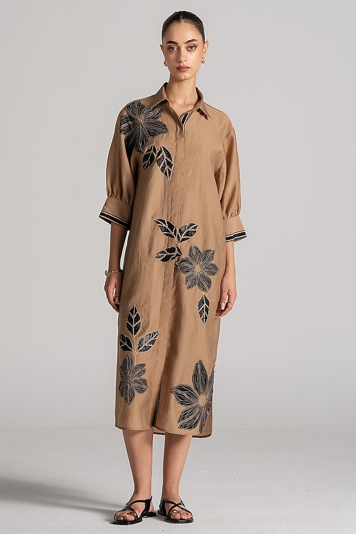 Biscuit-Colored Chanderi Printed Midi Cocktail Dress by Namrata Joshipura at Pernia's Pop Up Shop