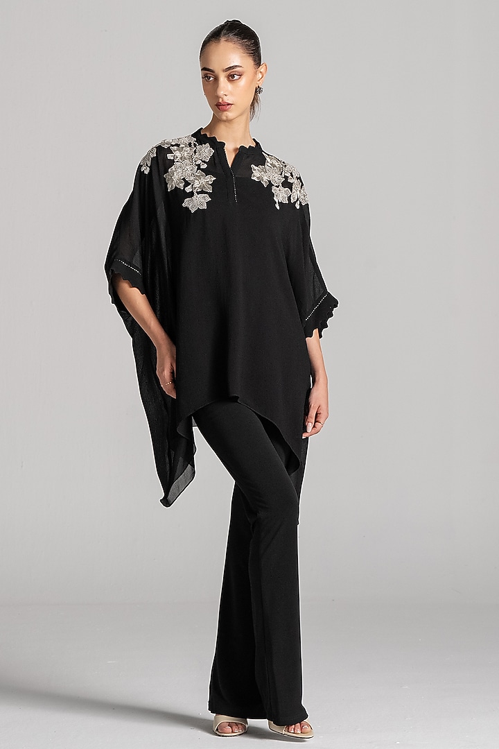 Black Georgette Floral Handkerchief Tunic by Namrata Joshipura at Pernia's Pop Up Shop