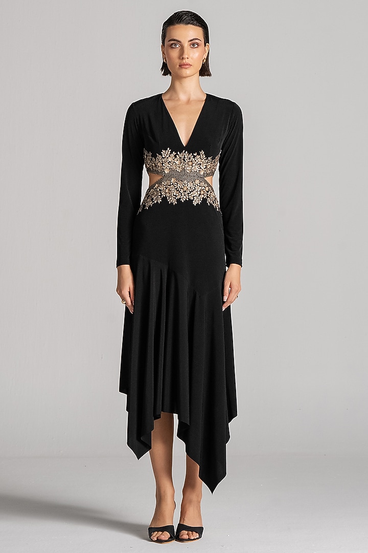 Black Jersey Asymmetric Draped Cocktail Dress by Namrata Joshipura at Pernia's Pop Up Shop