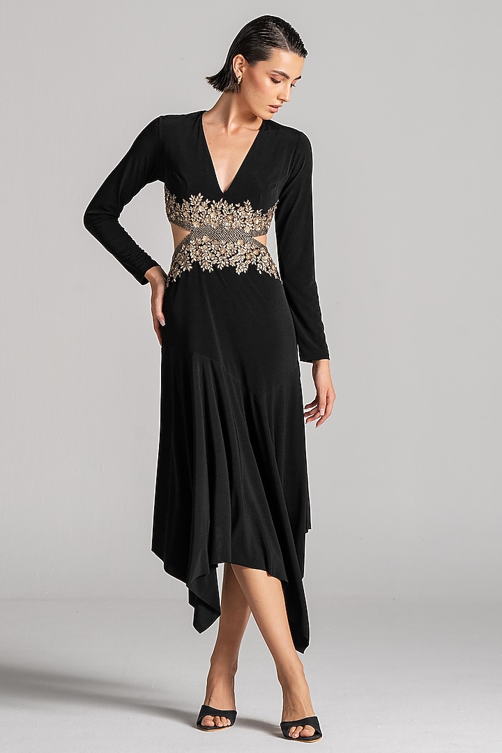 Black Jersey Asymmetric Draped Cocktail Dress by Namrata Joshipura at Pernia's Pop Up Shop