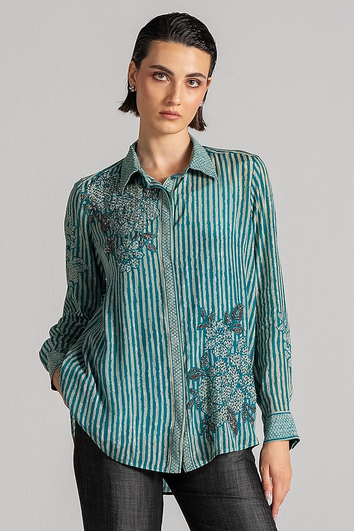 Teal Crepe Bandhani Shirt by Namrata Joshipura at Pernia's Pop Up Shop
