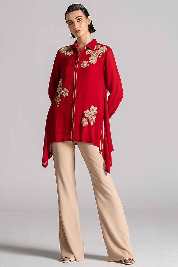 Red Georgette Asymmetric Tunic by Namrata Joshipura at Pernia's Pop Up Shop