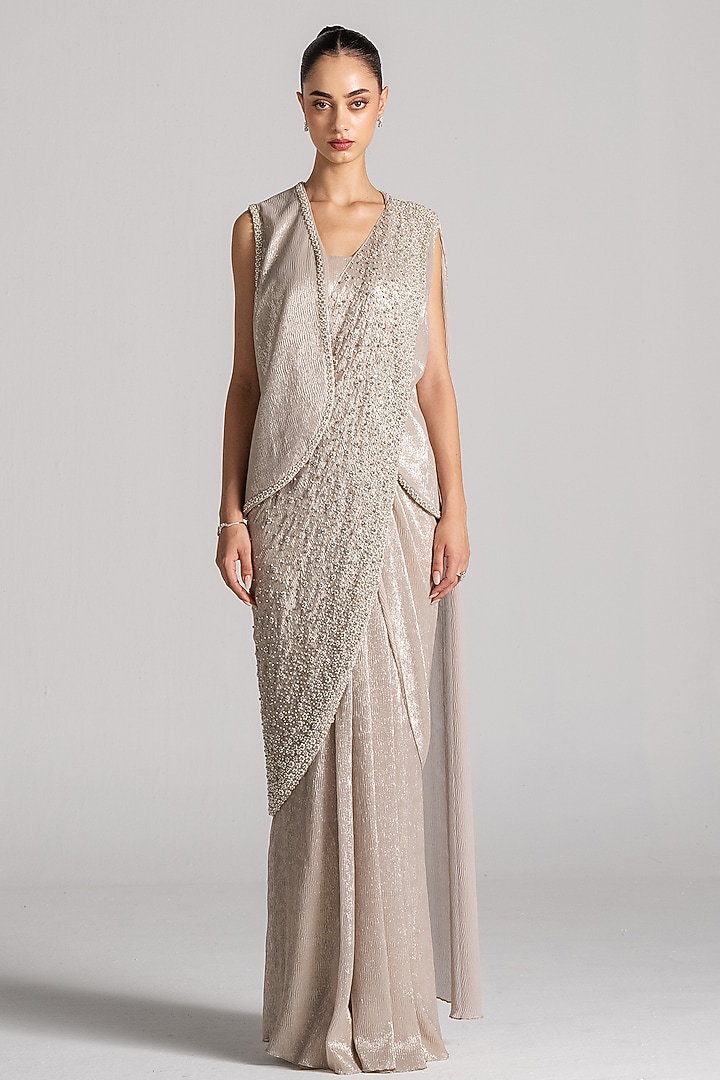 Ivory Shimmer Fabric Jacket Reception Saree Set by Namrata Joshipura at Pernia's Pop Up Shop
