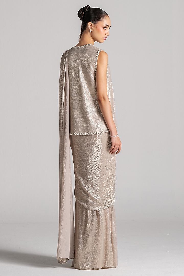 Ivory Shimmer Fabric Jacket Reception Saree Set by Namrata Joshipura at Pernia's Pop Up Shop