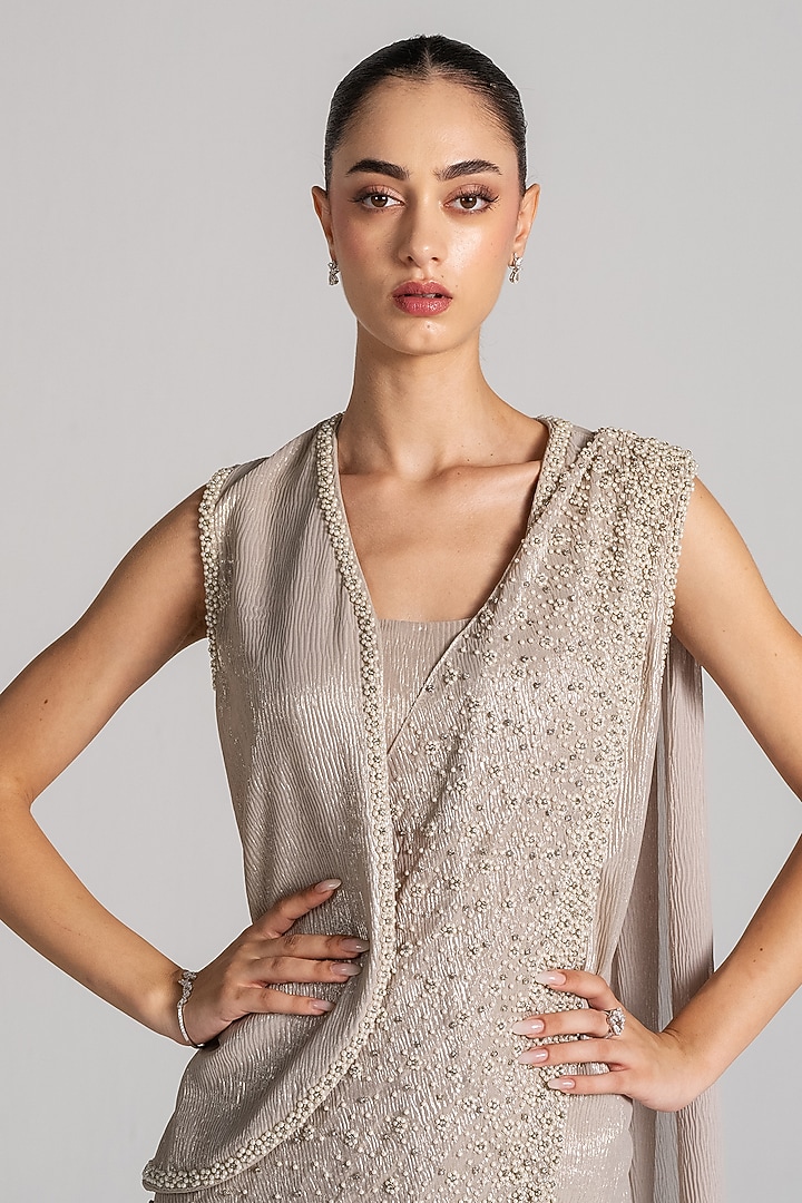 Ivory Shimmer Fabric Jacket Reception Saree Set by Namrata Joshipura at Pernia's Pop Up Shop