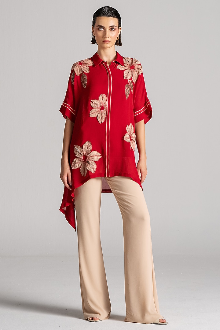 Red Georgette Asymmetric Tunic by Namrata Joshipura at Pernia's Pop Up Shop