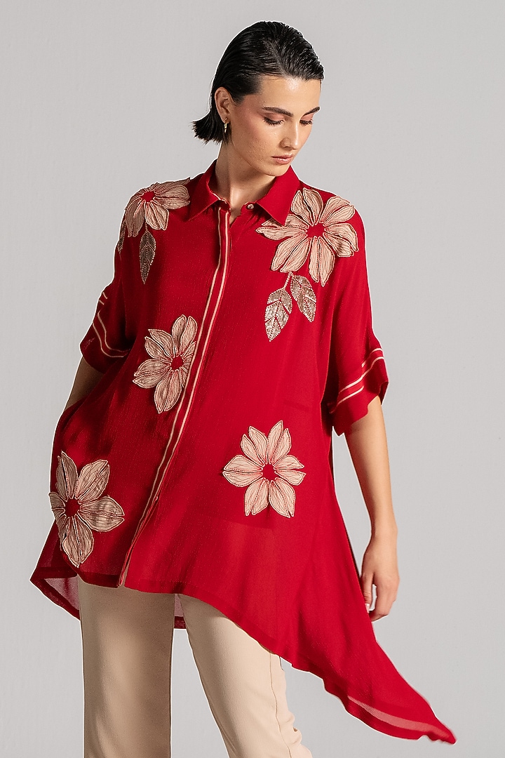 Red Georgette Asymmetric Tunic by Namrata Joshipura at Pernia's Pop Up Shop