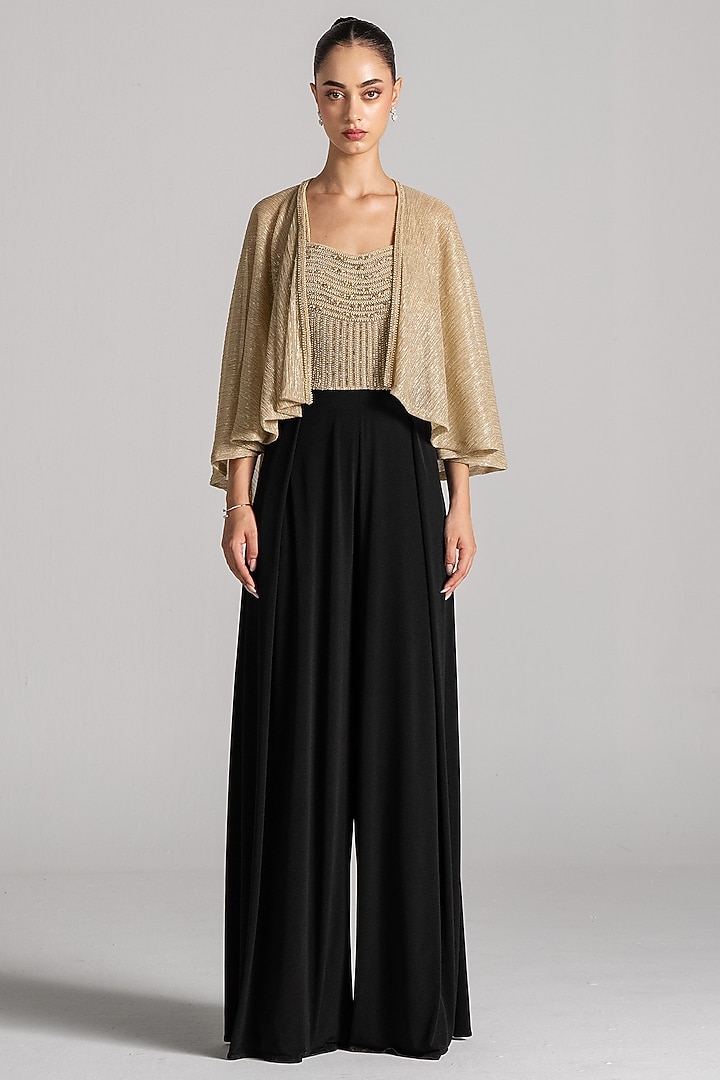 Gold & Black Shimmer Fabric Jumpsuit With Cape by Namrata Joshipura at Pernia's Pop Up Shop