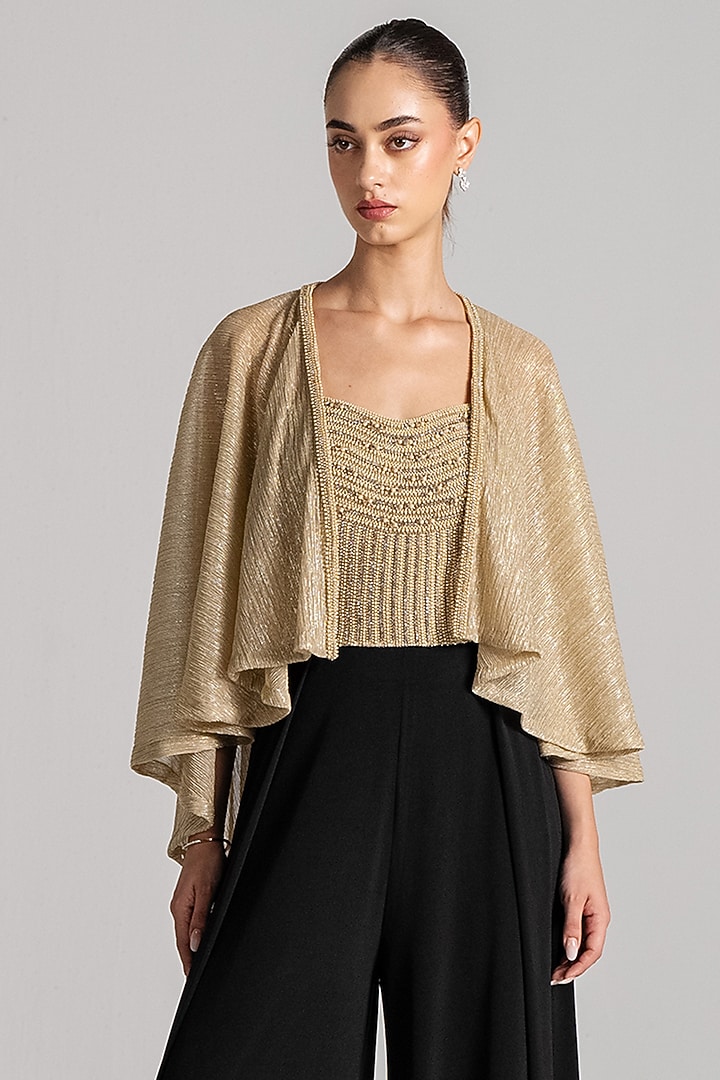 Gold & Black Shimmer Fabric Jumpsuit With Cape by Namrata Joshipura at Pernia's Pop Up Shop