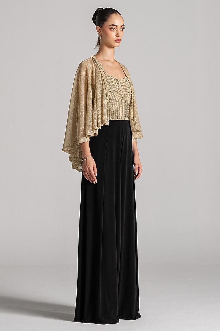 Gold & Black Shimmer Fabric Jumpsuit With Cape by Namrata Joshipura at Pernia's Pop Up Shop