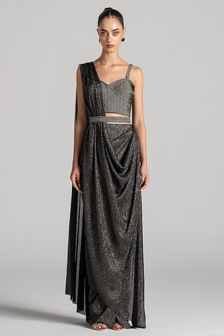 Black Shimmer Fabric Draped Wedding Saree Set by Namrata Joshipura at Pernia's Pop Up Shop