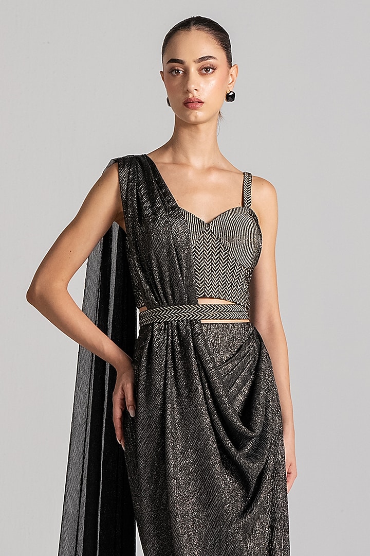 Black Shimmer Fabric Draped Wedding Saree Set by Namrata Joshipura at Pernia's Pop Up Shop