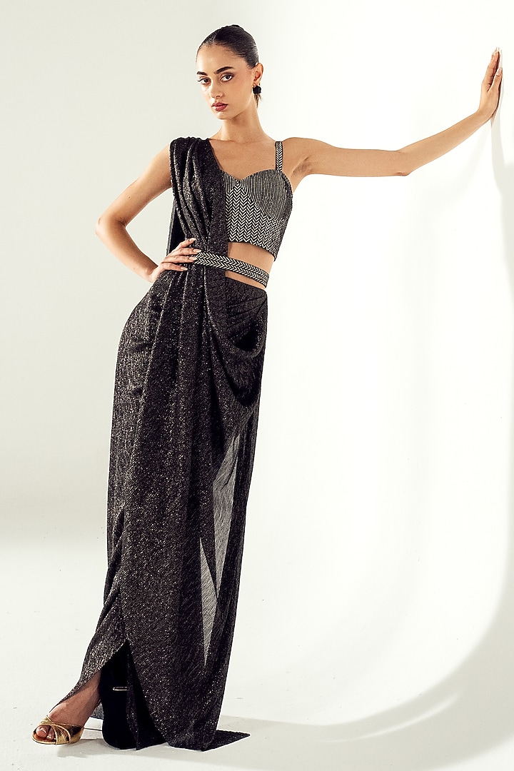 Black Shimmer Fabric Draped Wedding Saree Set by Namrata Joshipura at Pernia's Pop Up Shop