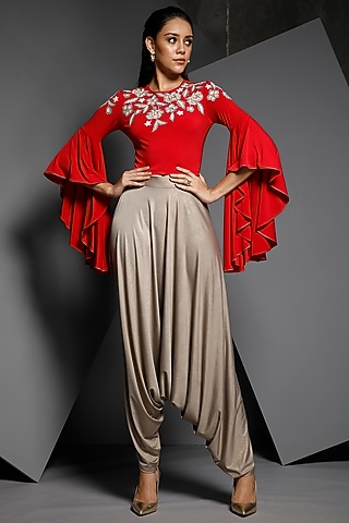 Red Machine Embroidered Crop Top by Namrata Joshipura