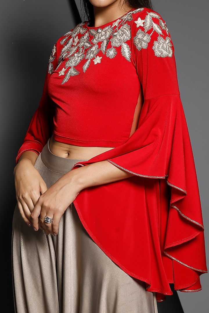 Red Machine Embroidered Crop Top by Namrata Joshipura at Pernia's Pop Up Shop
