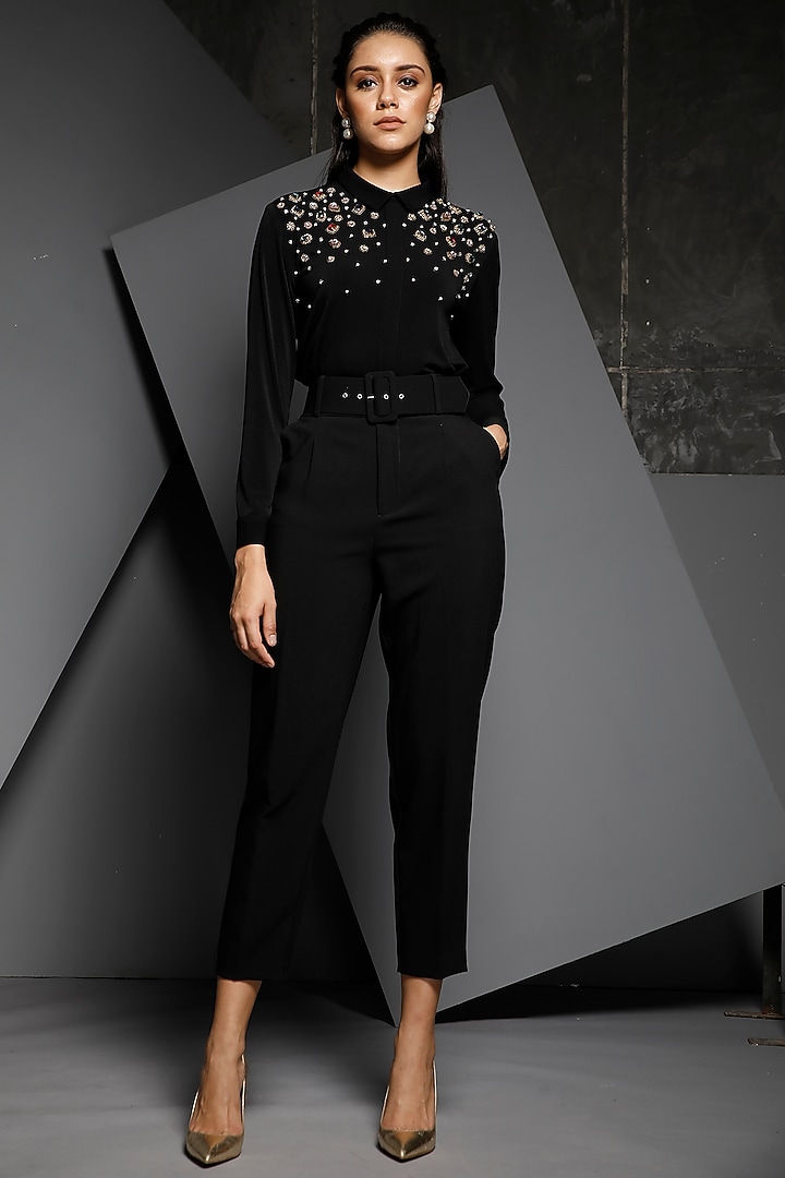 Black Hand Embellished Jersey Top by Namrata Joshipura at Pernia's Pop Up Shop