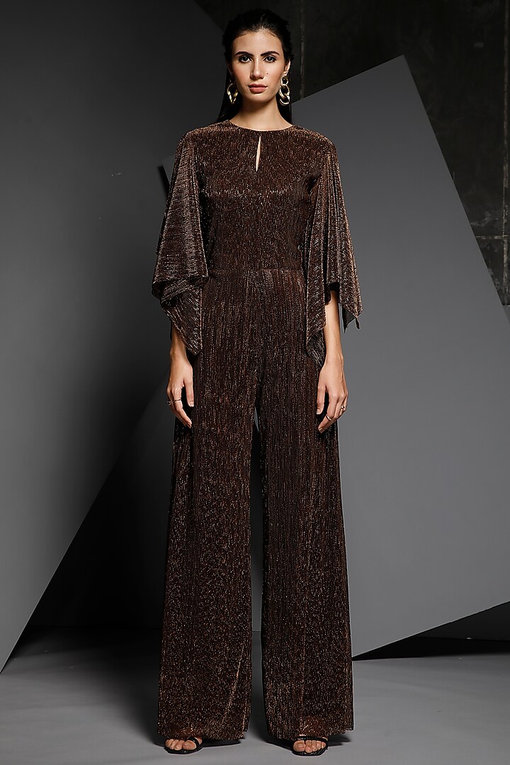 Brown Flared Lurex Jumpsuit by Namrata Joshipura at Pernia's Pop Up Shop