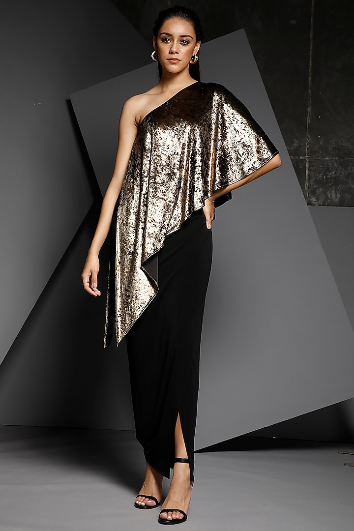 Gold & Black One Shoulder Gown by Namrata Joshipura