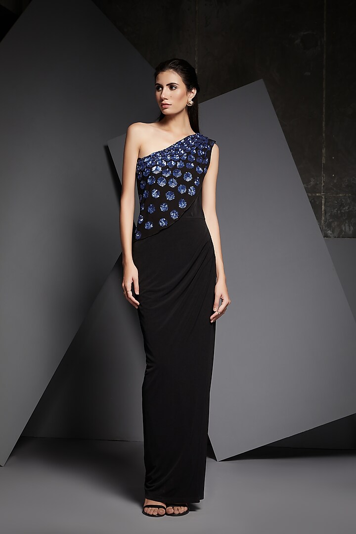 Midnight Blue & Black Draped Gown by Namrata Joshipura