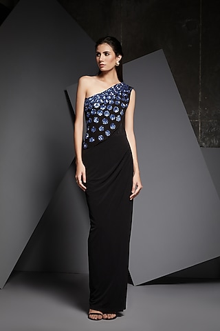 Midnight Blue & Black Draped Gown by Namrata Joshipura