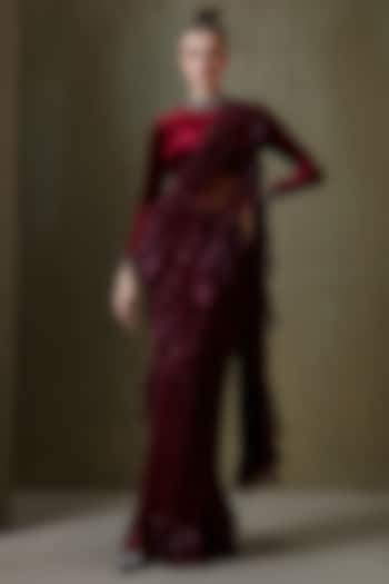 Wine Embellished Draped Wedding Saree Set by Namrata Joshipura at Pernia's Pop Up Shop
