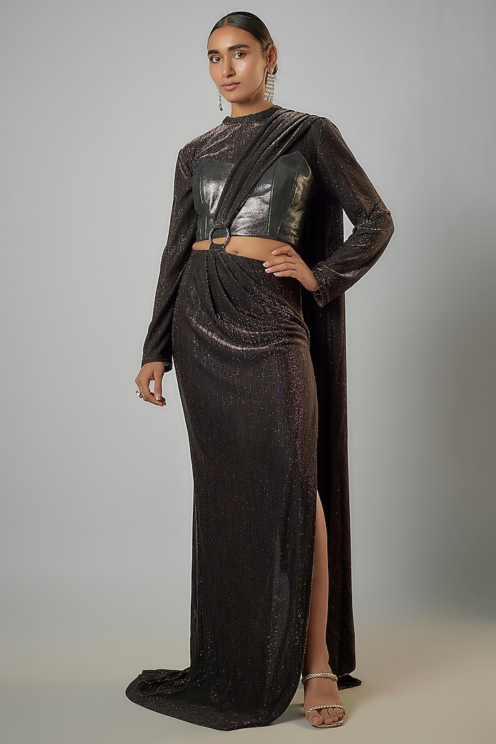 Black Shimmer Jersey & Leather Saree Set by Namrata Joshipura at Pernia's Pop Up Shop