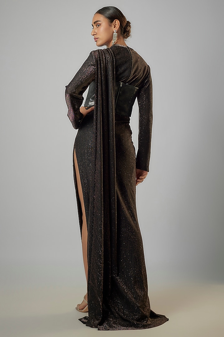 Black Shimmer Jersey & Leather Wedding Saree Set by Namrata Joshipura at Pernia's Pop Up Shop