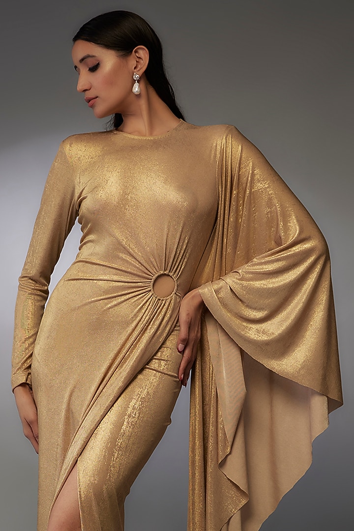 Gold Foil Crepe Shimmer Maxi Cocktail Dress by Namrata Joshipura at Pernia's Pop Up Shop