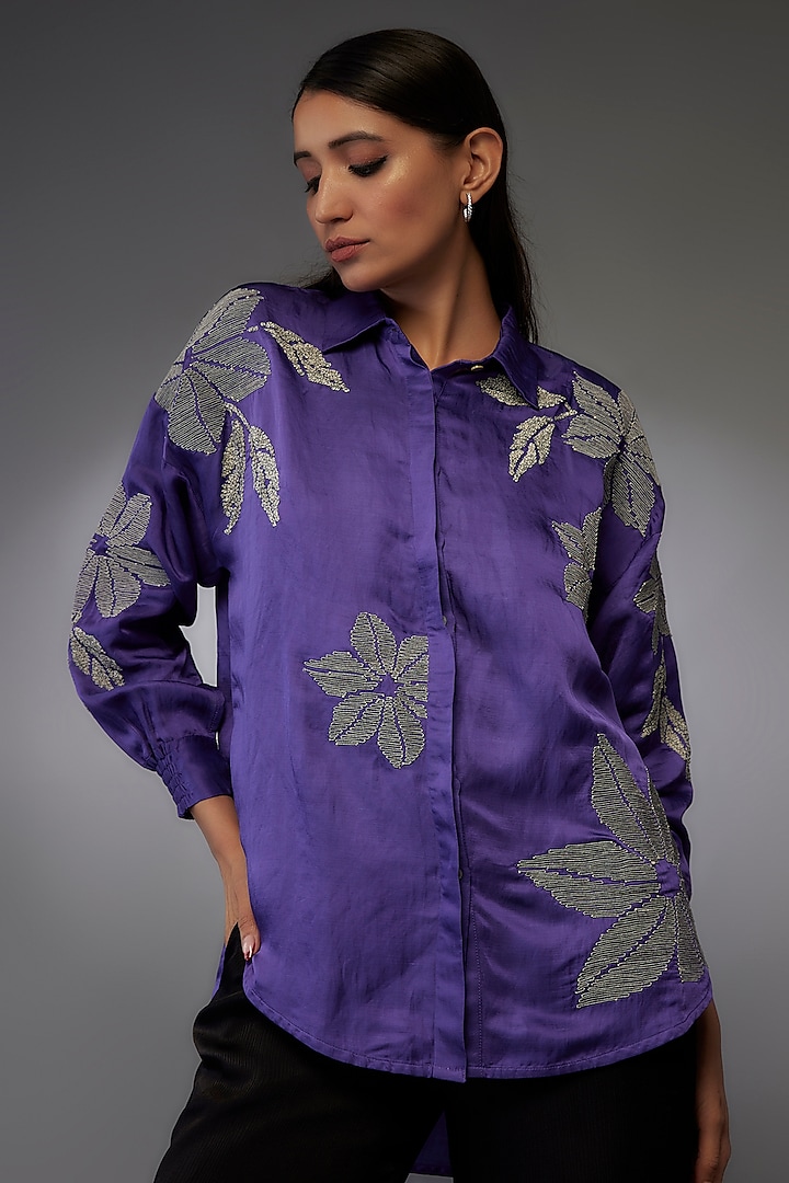 Amethyst Linen Satin Hand & Machine Embellished Boxy Shirt by Namrata Joshipura