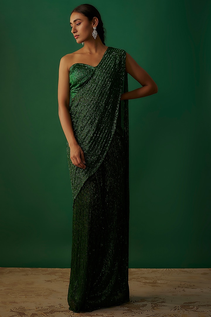 Emerald Green Shimmer Crepe Saree Set by Namrata Joshipura