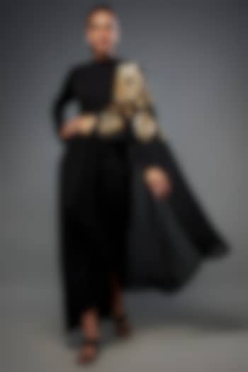 Black Linen Satin Embroidered Draped Skirt Set by Namrata Joshipura