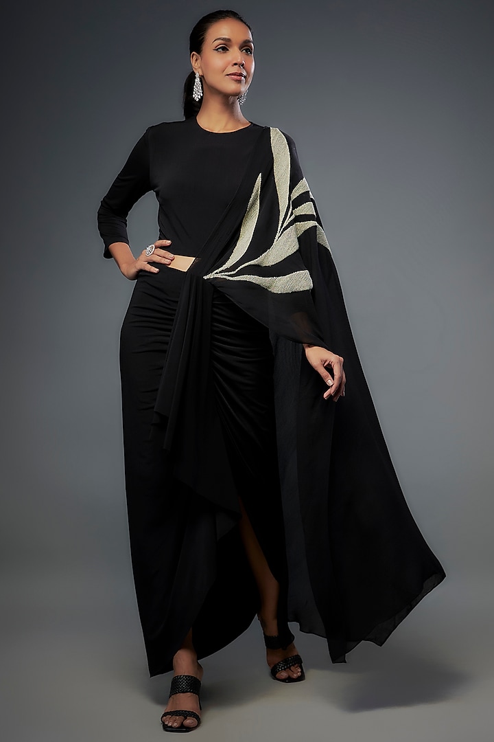 Black Linen Satin Embroidered Draped Skirt Set by Namrata Joshipura at Pernia's Pop Up Shop